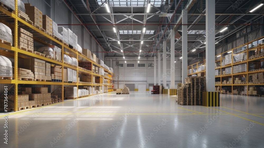 Wide angle view of an industrial warehouse with high shelves filled with boxes and pallets, highlighting the safety of the warehouse. Bright lighting creates an organized atmosphere. Wide angle view of an industrial warehouse with high shelves filled with boxes and pallets, highlighting the safety of the warehouse. Bright lighting creates an organized atmosphere.