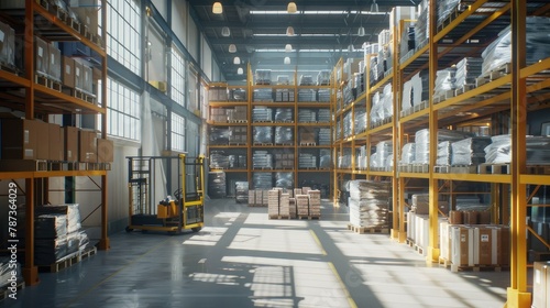 Wide angle view of an industrial warehouse with high shelves filled with boxes and pallets, highlighting the safety of the warehouse. Bright lighting creates an organized atmosphere.