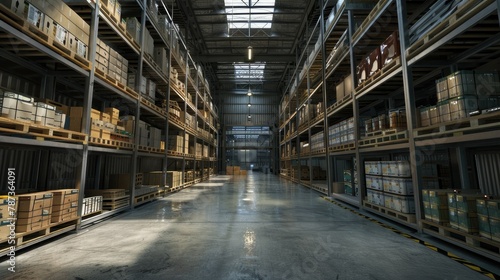 Wide angle view of an industrial warehouse with high shelves filled with boxes and pallets, highlighting the safety of the warehouse. Bright lighting creates an organized atmosphere.