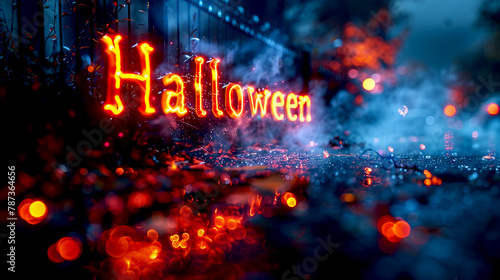 word text of " Halloween " written on cemetery wall, spooky Halloween greetings  