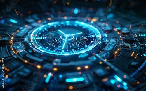 Futuristic holographic clock with heads-up display shows time on virtual screen, sci-fi vibes, advanced 3D technology.