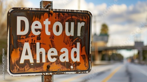 A "Detour Ahead" sign directing traffic away from a collision site on the road. 