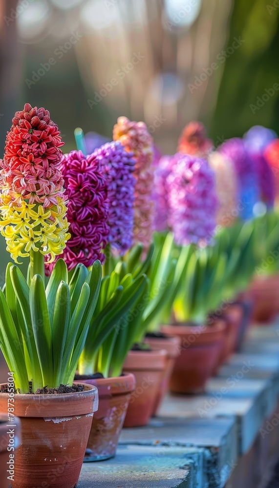 Lush hyacinth blooms in pots against a blurred background, perfect for text placement.