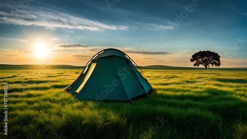 A tent on the grass, camping in the sunlight, outdoor sports concept © StellarK