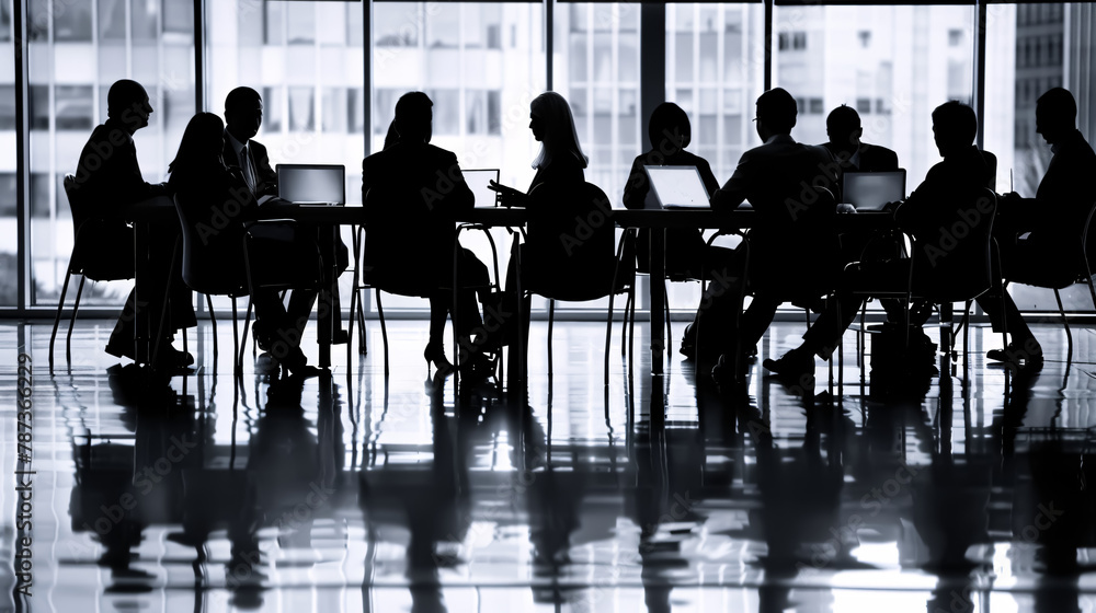 Silhouette of a group of business people in a meeting.