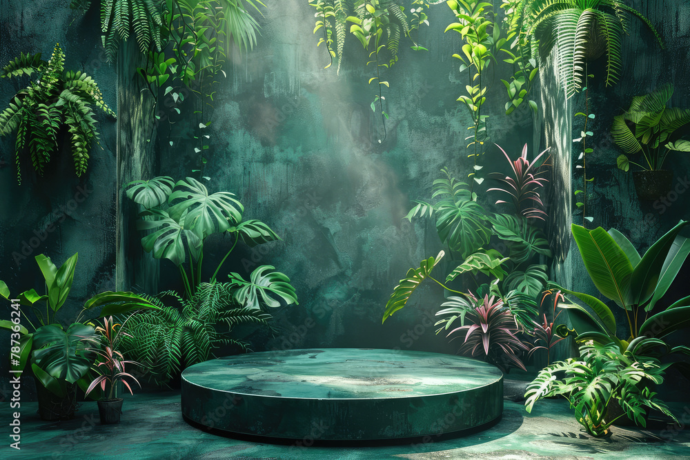 Green marble podium for product presentation with tropical plants and sunlight on the wall 3d rendering, detailed illustration. Created with Ai