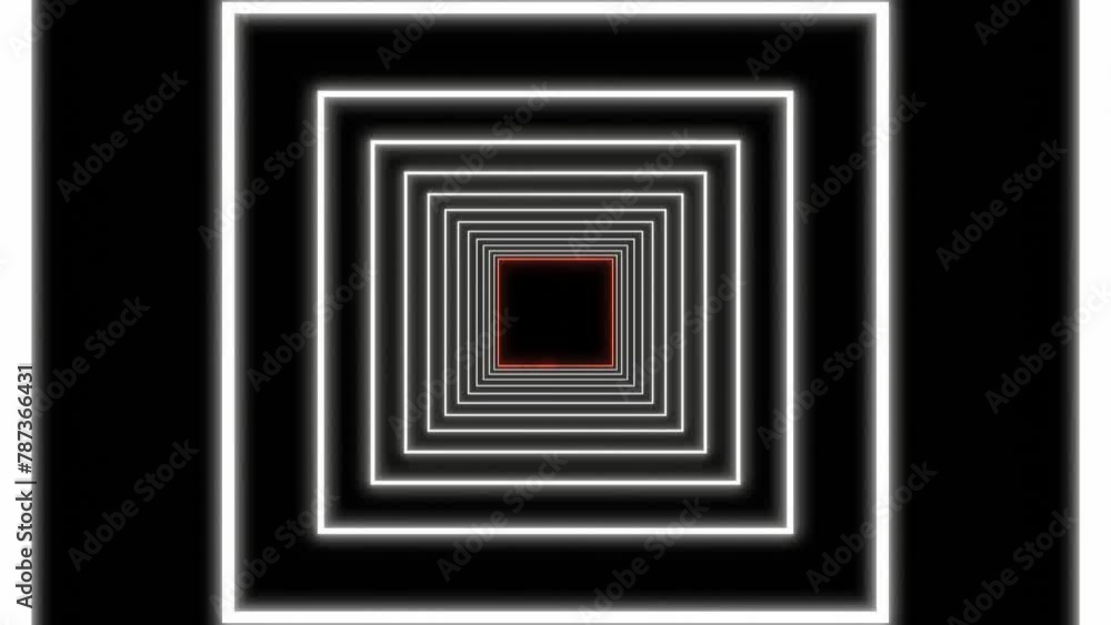 White square neon bulbs illuminate the empty tunnel corridor. footage looping, abstract tech geometric motion background White square neon bulbs illuminate the empty tunnel corridor. footage looping, abstract tech geometric motion background