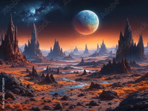 A desert landscape with a large planet, set against a dark sky. The desert appears to be barren, with a river running through it.