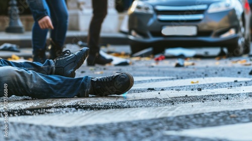 A pedestrian hit by a car while crossing the street at a crosswalk. 