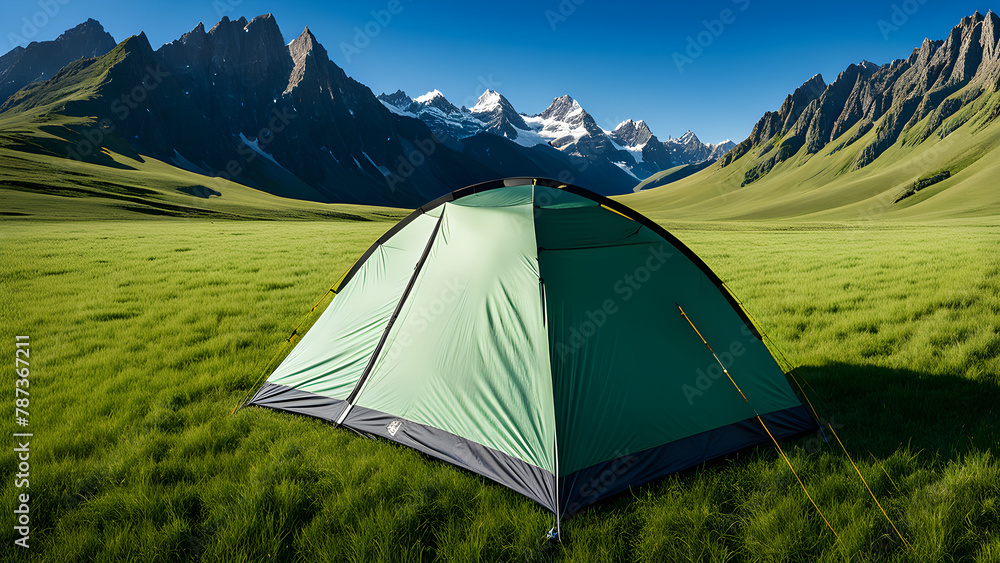 A tent on the grass, camping in the sunlight, outdoor sports concept