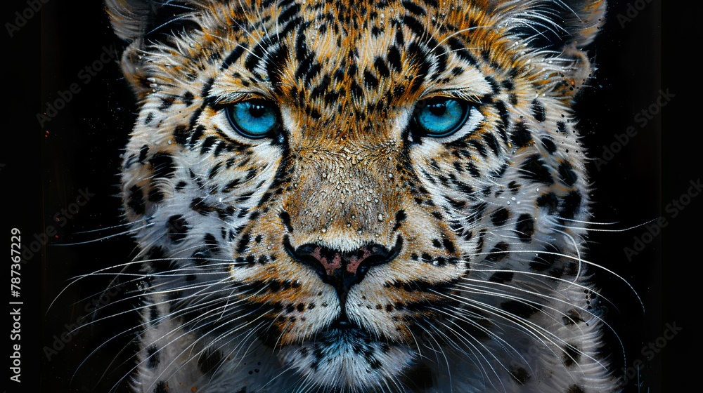 Obraz premium Leopard, blue eyes, feline, predator, wildcat, spotted coat, carnivore, stealthy, agile, majestic, hunter, camouflage, savannah, Africa, jungle, rosettes, whiskers, claws, paws, ambush, nocturnal