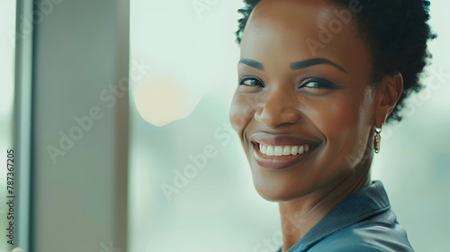 Happy africanamerican businesswoman using digital tablet over light background copy space : Generative AI © Generative AI