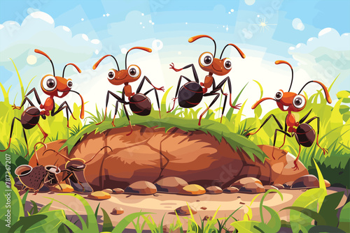 Cartoon ants colony and ant hill, Cartoon ants in the ant hill, Cartoon anthill colony and ants characters. Cartoon ants colony working together bringing food to ant hill. 