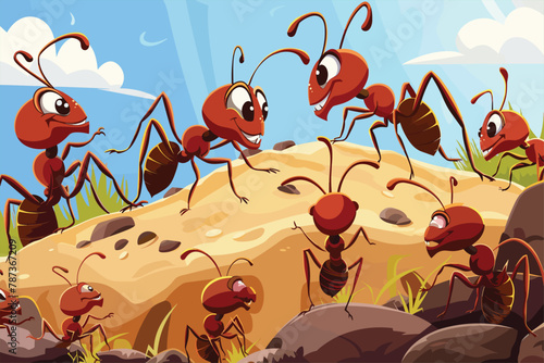 Cartoon ants colony and ant hill, Cartoon ants in the ant hill, Cartoon anthill colony and ants characters. Cartoon ants colony working together bringing food to ant hill. 
