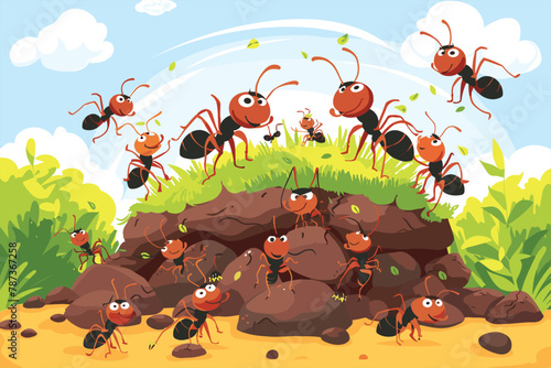 Cartoon ants colony and ant hill, Cartoon ants in the ant hill, Cartoon anthill colony and ants characters. Cartoon ants colony working together bringing food to ant hill. 