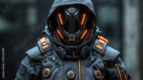 Black, futuristic, protective, suit, high-tech, armor, clothing, outfit, gear, uniform, advanced, technology, innovation, sleek, design, cutting-edge, sci-fi, tactical, resilient, modern, stealthy photo