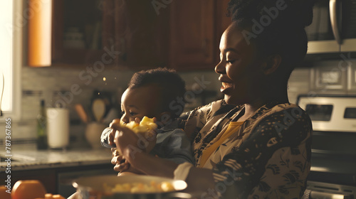 Beautiful Black Mom Cooking Food In Kitchen With Little Son In Arms Happy African American Female Making Housework And Taking Care About Infant Baby Preparing Healthy Meal For Family C : Generative AI photo
