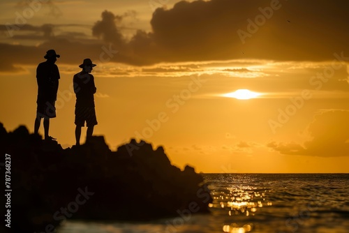 Sunset Contemplation by Adventurers at Sea's Edge