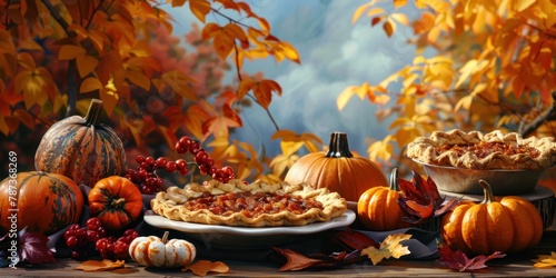 A fall baking scene with pies and pumpkins  featuring a blank plate for titles.