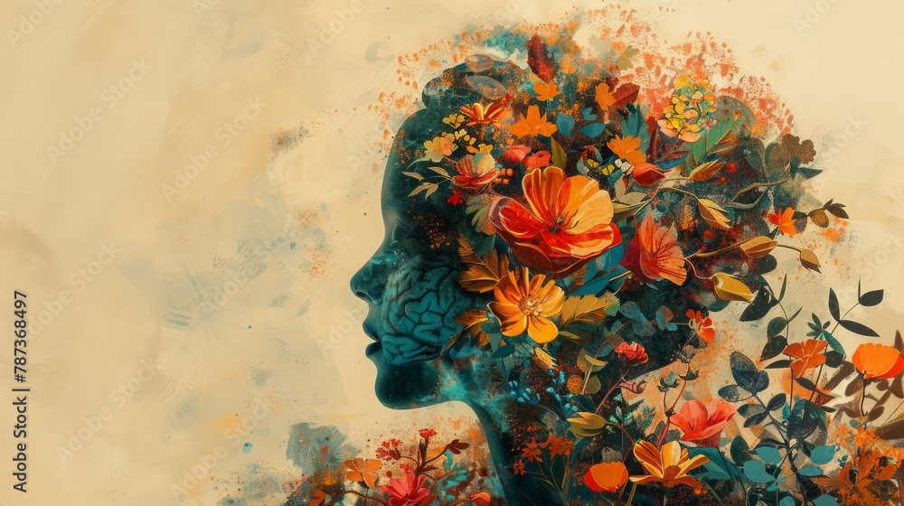 Human head with brain and tropical flowers on grunge background Human head with brain and tropical flowers on grunge background