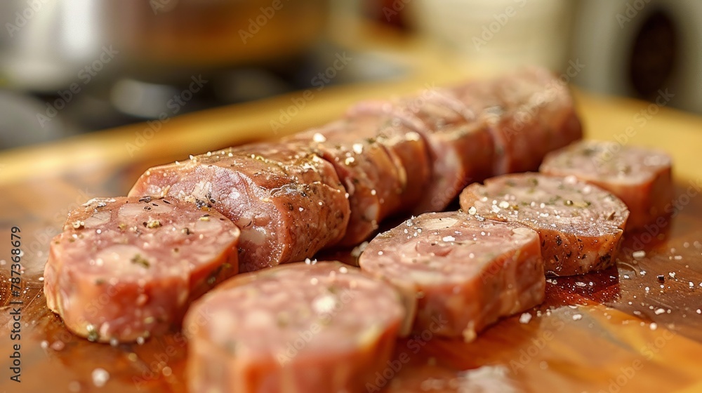 Slices of sausage on a cutting board, close-up, cut sausage before heating Slices of sausage on a cutting board, close-up, cut sausage before heating