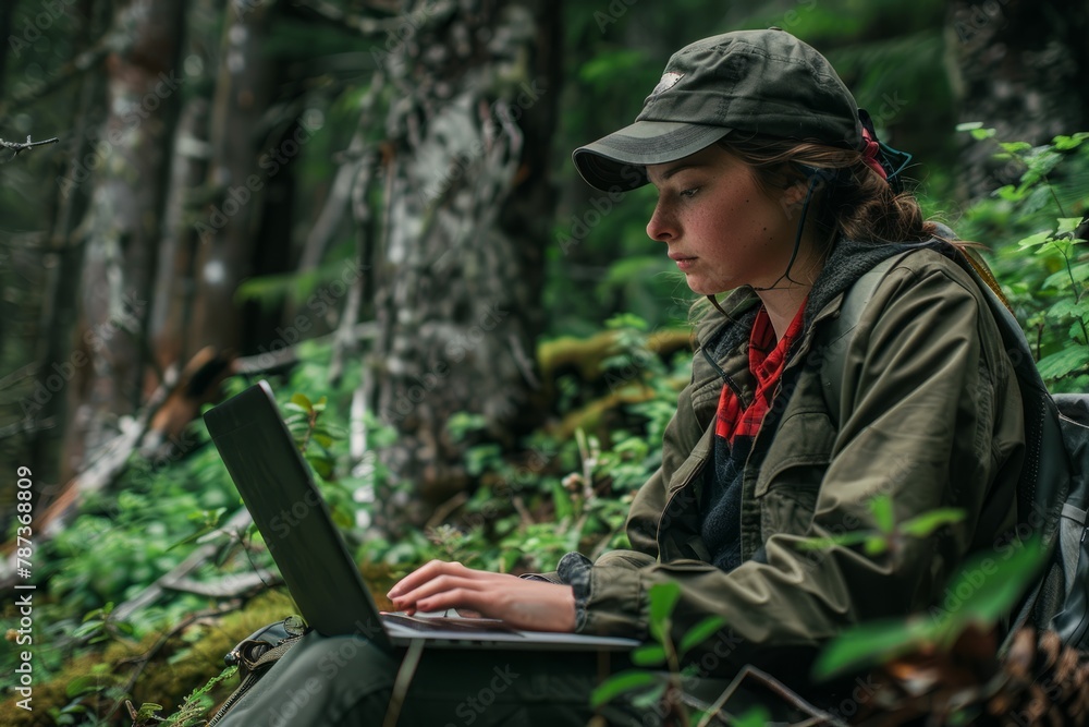 Forest Ranger Working on Laptop in Lush Wilderness