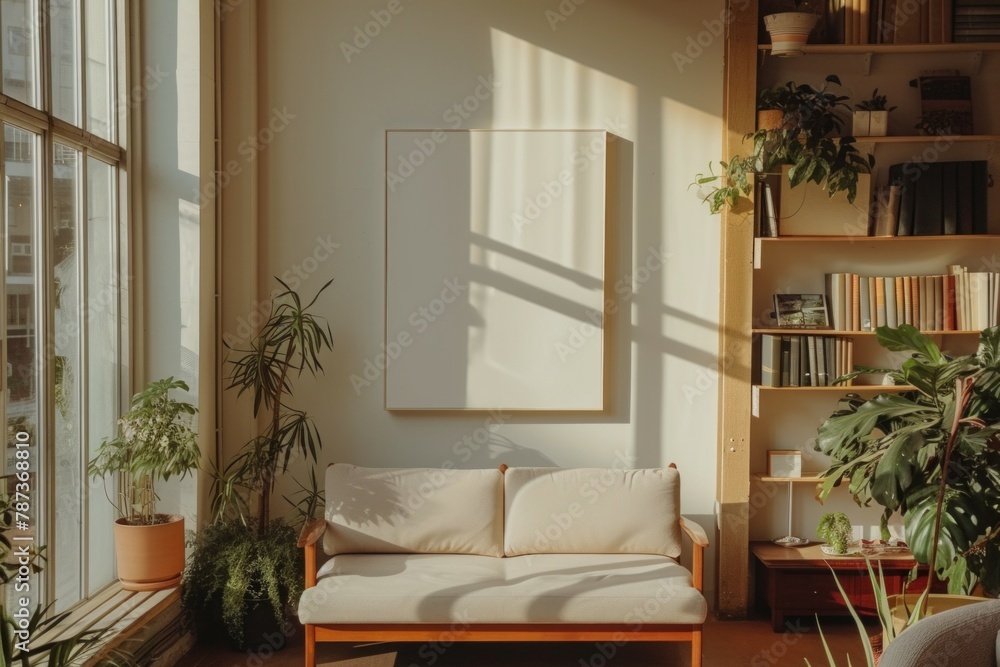 Fototapeta premium empty blank white vertical poster mockup at the wall.