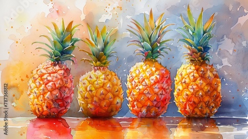 Watercolor painting of pineapple fruit on abstract watercolor background. © nataliia_ptashka