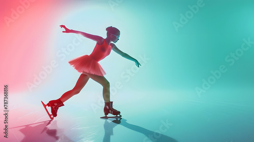 Young sportive girl junior female figure skater in red stage costume skating isolated over gradient greenblue background in neon Athlete in motion Sport beauty winter sports Copy space : Generative AI photo