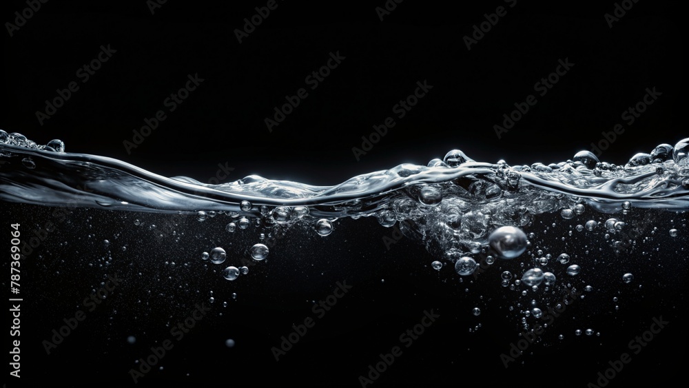 Water surface and empty space for text on black background, less bubbles closeup slow motion - obrazy, fototapety, plakaty 