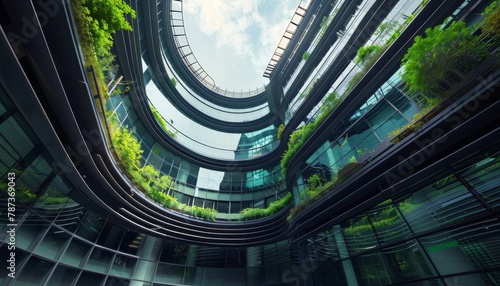 A large building with a lot of glass windows and a green roof by AI generated image
