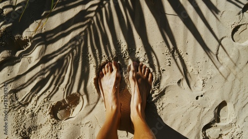 women's bare feet on a sandy surface, with the shadow of a palm leaf casting over them. travel and relaxing 