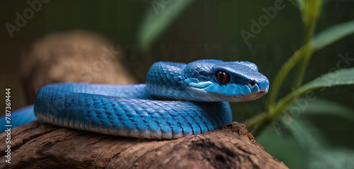 A close up of a blue snake on the wood.