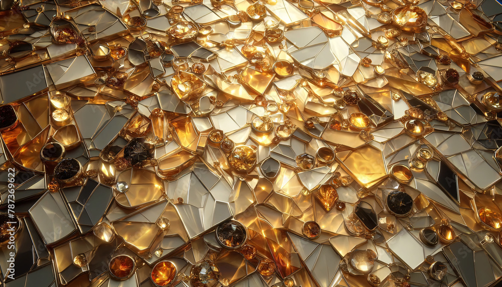 A background with a luxurious pattern of broken glass pieces, shimmering shades of gold and amber A background with a luxurious pattern of broken glass pieces, shimmering shades of gold and amber