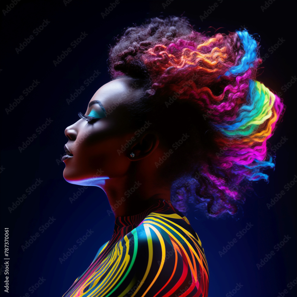 Portrait of a black woman in profile -Hair with rainbow colours - Fashion concept Portrait of a black woman in profile -Hair with rainbow colours - Fashion concept
