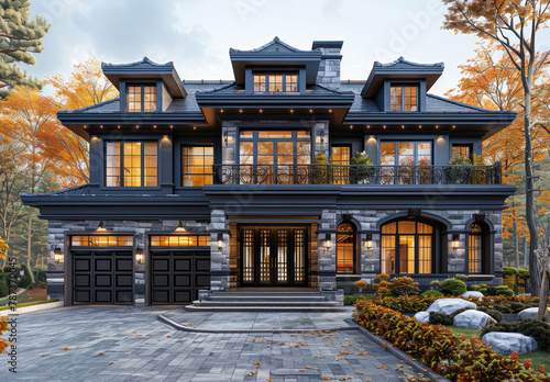 A large, dark grey stone mansion with black wood accents and shingle roof in the French chateau style, surrounded by trees. Created with Ai photo