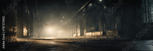Dark warehouse cinematic backdrop scene.