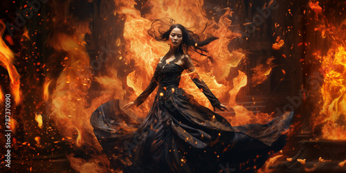 Asian woman in black linen dress surrounded by flames, Dance concept, fantasy concept