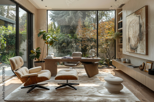 Modern home office workplace with sleek desk with a minimalist design surrounded by ergonomic furniture and contemporary decor. Lush grenery outside photo