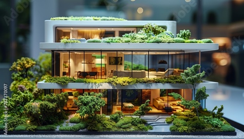 A model of a house with a green roof and a garden on the roof by AI generated image