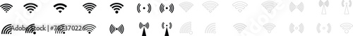 WiFi wireless internet signal line flat icon symbol set. Connect of network collection. Bar of satellites for mobile, radio, computer. Hotpot, strength electronic wave from antenna for communication.