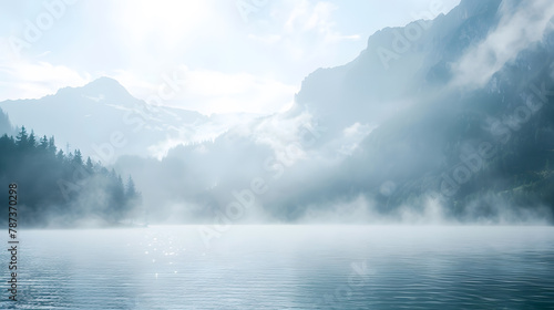 Fog above the the Lake Bluntausee in front of Mountains of the Alps Mountains in Salzbuger Land Austria Europe : Generative AI photo