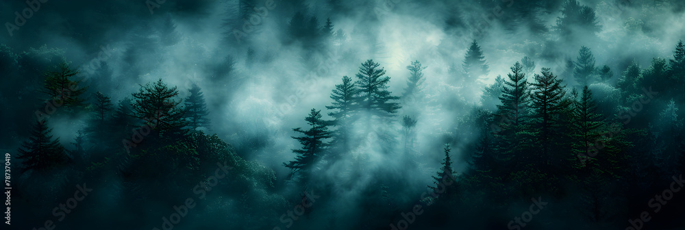 Atmospheric Wilderness Photo Foggy Jungle,
 Mist magic fog night dark forest tree jungle landscape background. Scary nature outdoor adventure explore travel vibe style