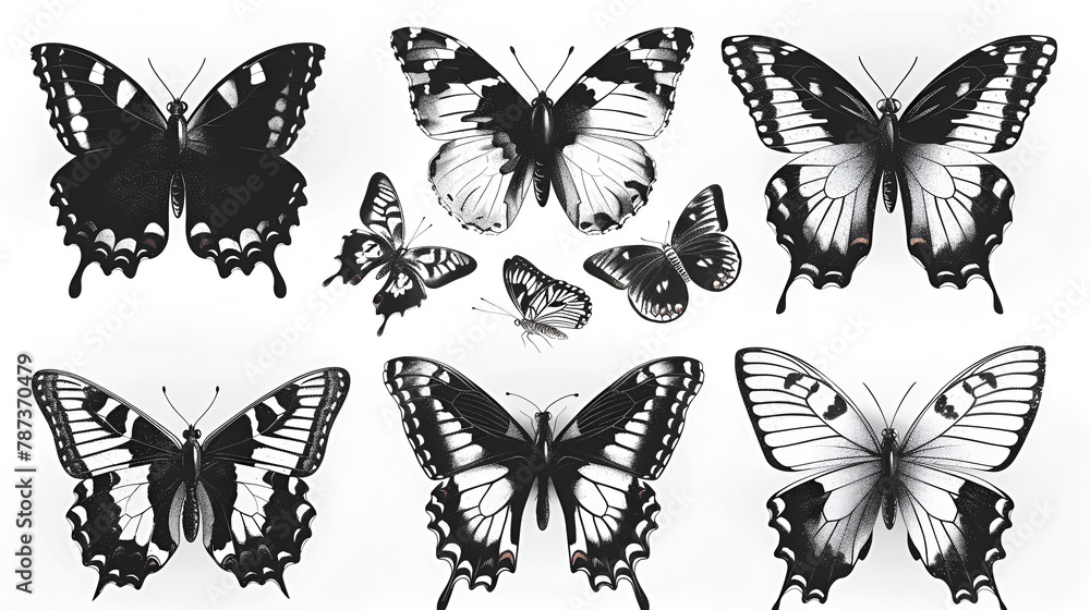 Fototapeta premium Set black-white butterflies of a tattoo, generative Ai