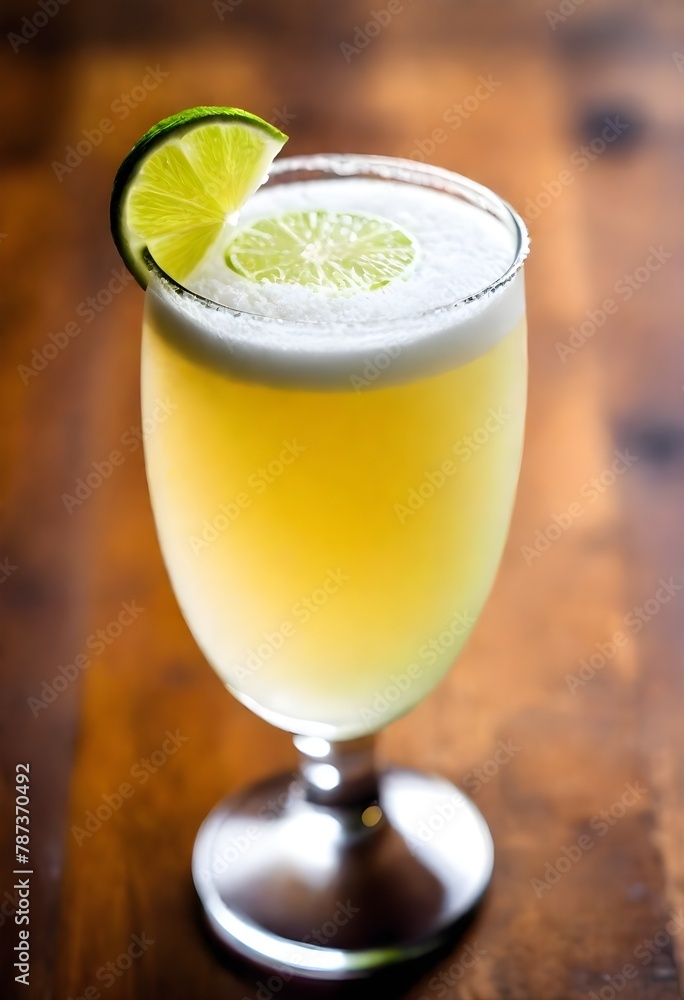 A glass of frothy beverage garnished with a lime slice on the rim, on a wooden surface with a blurred background