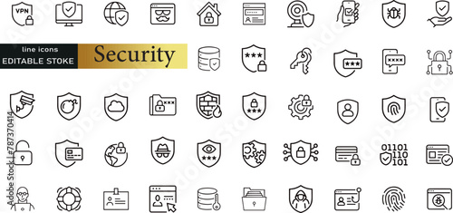 Security line icons set. Security outline icons with editable stroke collection. Includes Fingerprint, Firewall, Cyber Security, Protection, Secure Payment