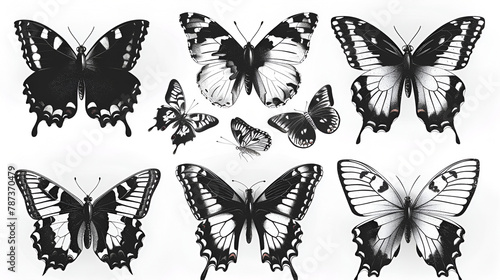 Set black-white butterflies of a tattoo, generative Ai