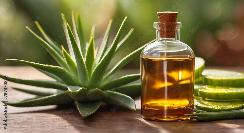 Glass bottles with aloe vera essential oil on green background with aloe leaves. Natural cosmetics, skin care, spa treatment Glass bottles with aloe vera essential oil on green background with aloe leaves. Natural cosmetics, skin care, spa treatment