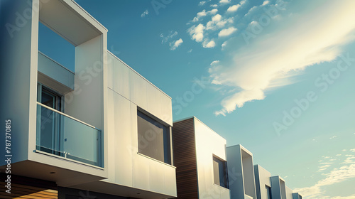 The row of Just finished modern houses with blue sky backgrounds and copy space the architectural design of the exterior The concept for Sale Rent Housing and Real Estate   Generative AI