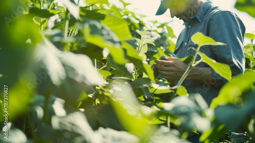 A closeup shot of a crop consultant examining the health of a field of soybeans looking for signs of disease or pest infestation and strategizing to prevent potential damage. .